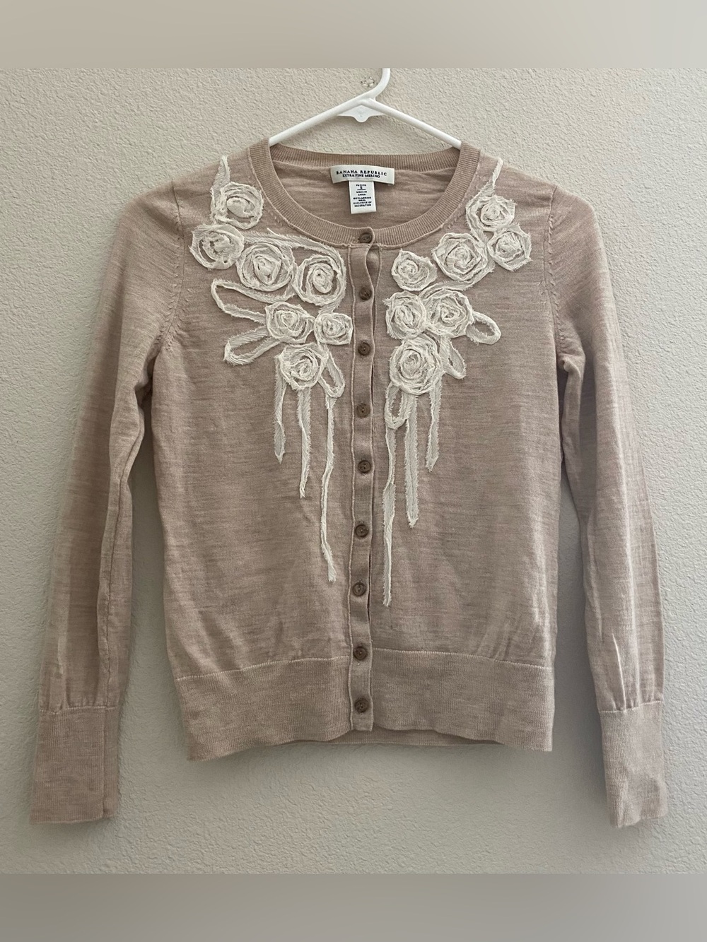 Banana Republic Neutral Floral Appliqué Button-Front Cardigan